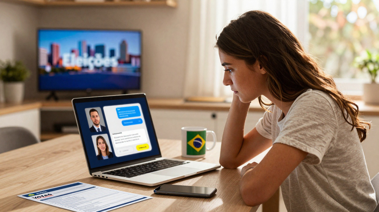 Mulher assistindo entrevista política no laptop com xícara com bandeira do Brasil na mesa.