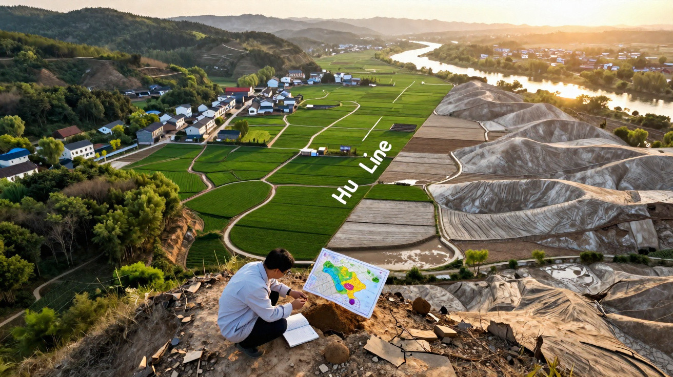 Pesquisador observa mapa em encosta com campos verdes, montanhas e rio ao fundo ao pôr do sol.