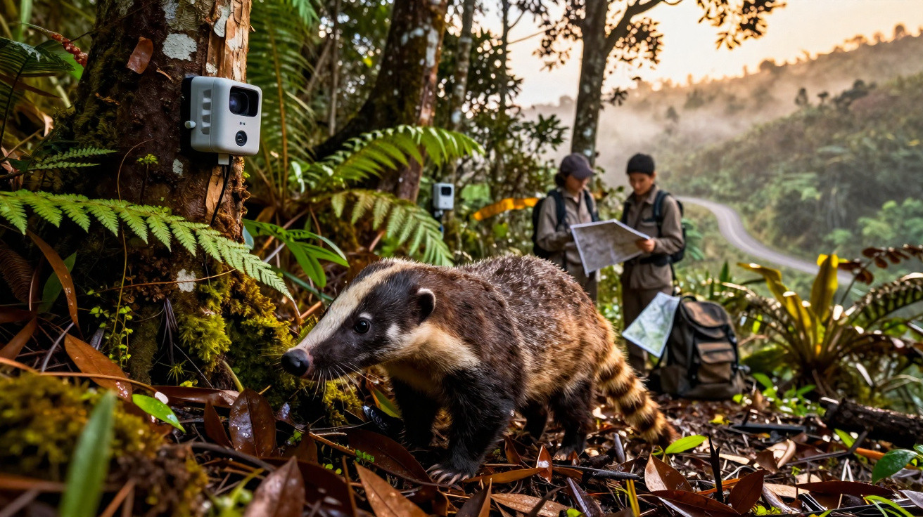Gato-do-mato próximo a câmeras de trilha na floresta, com dois pesquisadores consultando mapa ao fundo.