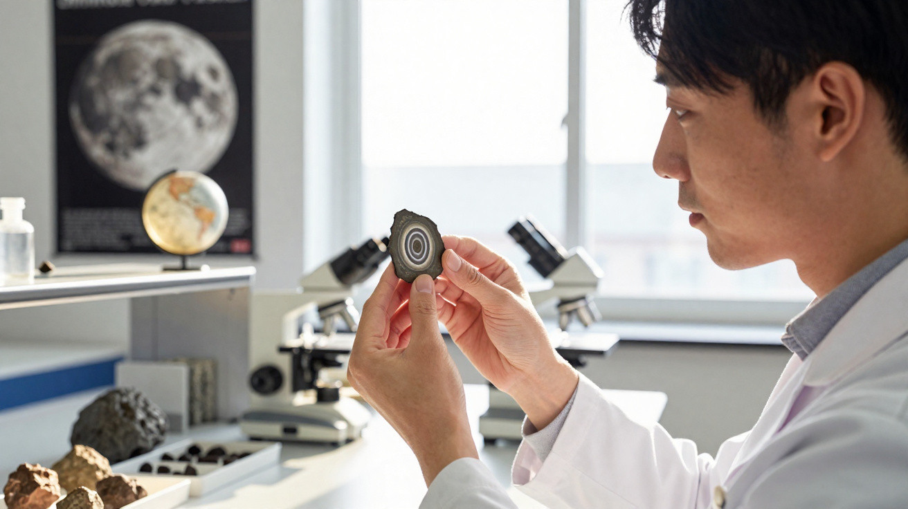 Cientista observando fatia de rocha em laboratório com microscópios e mapa lunar ao fundo.