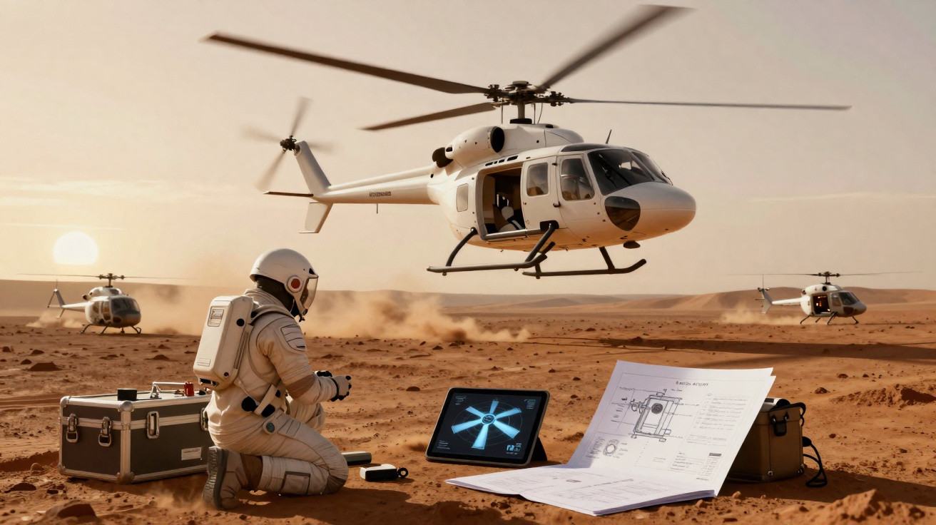 Astronauta em solo marciano com helicópteros voando e equipamentos de pesquisa ao redor ao entardecer.
