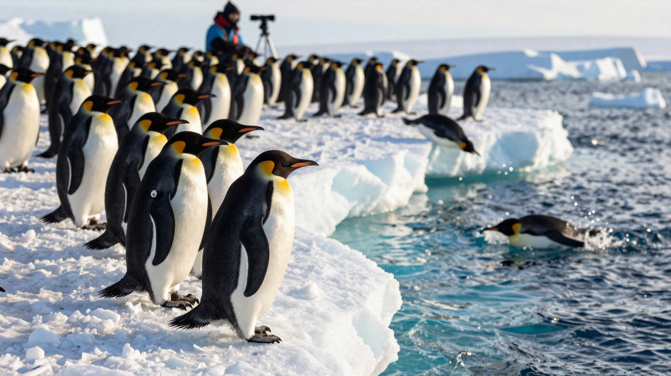 Grupo de pinguins imperador no gelo ao lado do mar, com alguns mergulhando na água gelada.