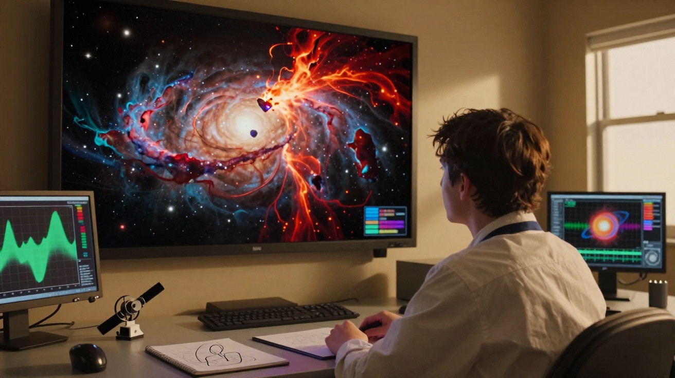 Jovem cientista observa simulação colorida de galáxia e dados espaciais em múltiplos monitores no laboratório.
