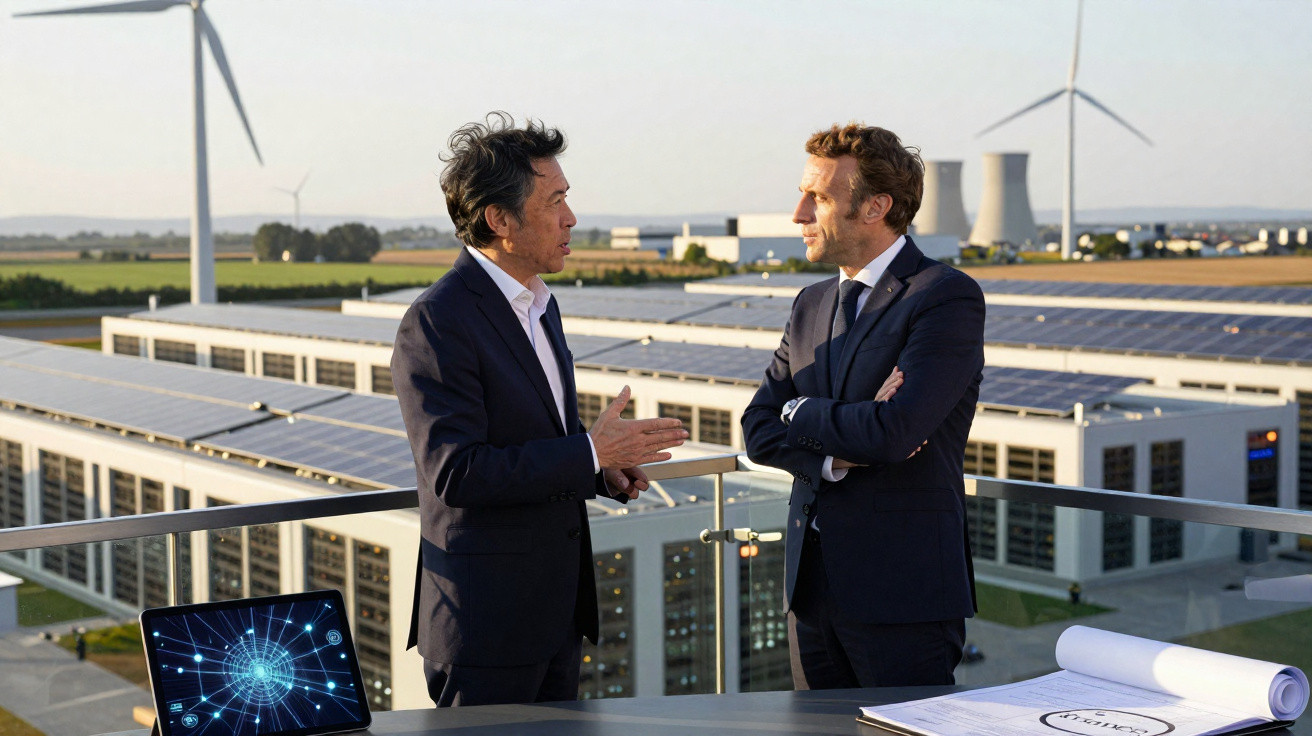 Dois homens de terno conversam em varanda com painéis solares, turbinas eólicas e usina ao fundo.