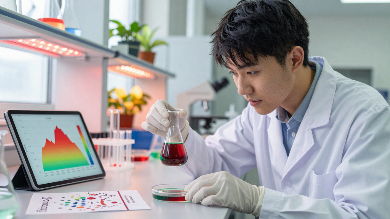 Cientista com jaleco e luvas analisa líquido vermelho em laboratório com gráficos ao fundo.