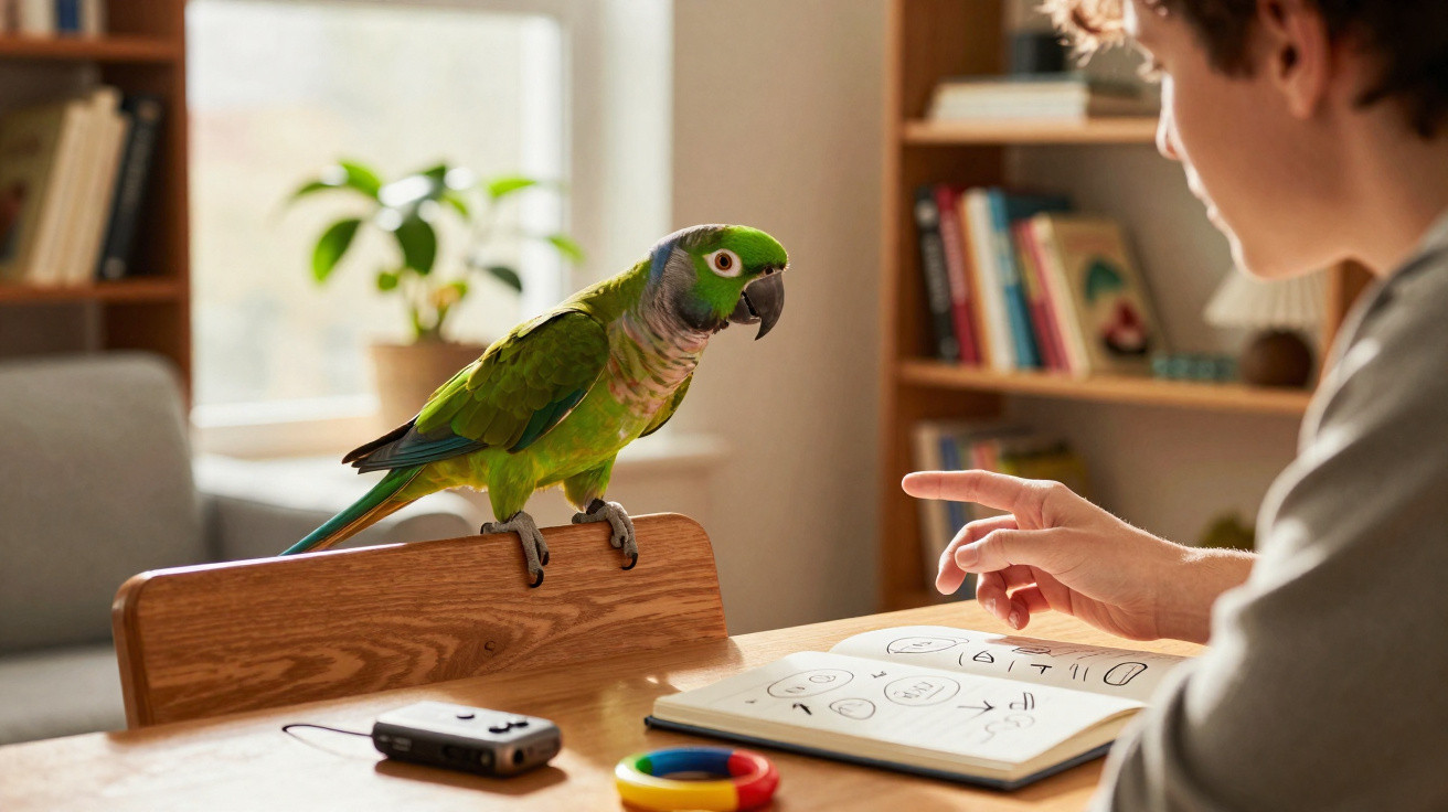 Papagaio verde em cadeira de madeira interagindo com pessoa ao redor de mesa com caderno e brinquedos.