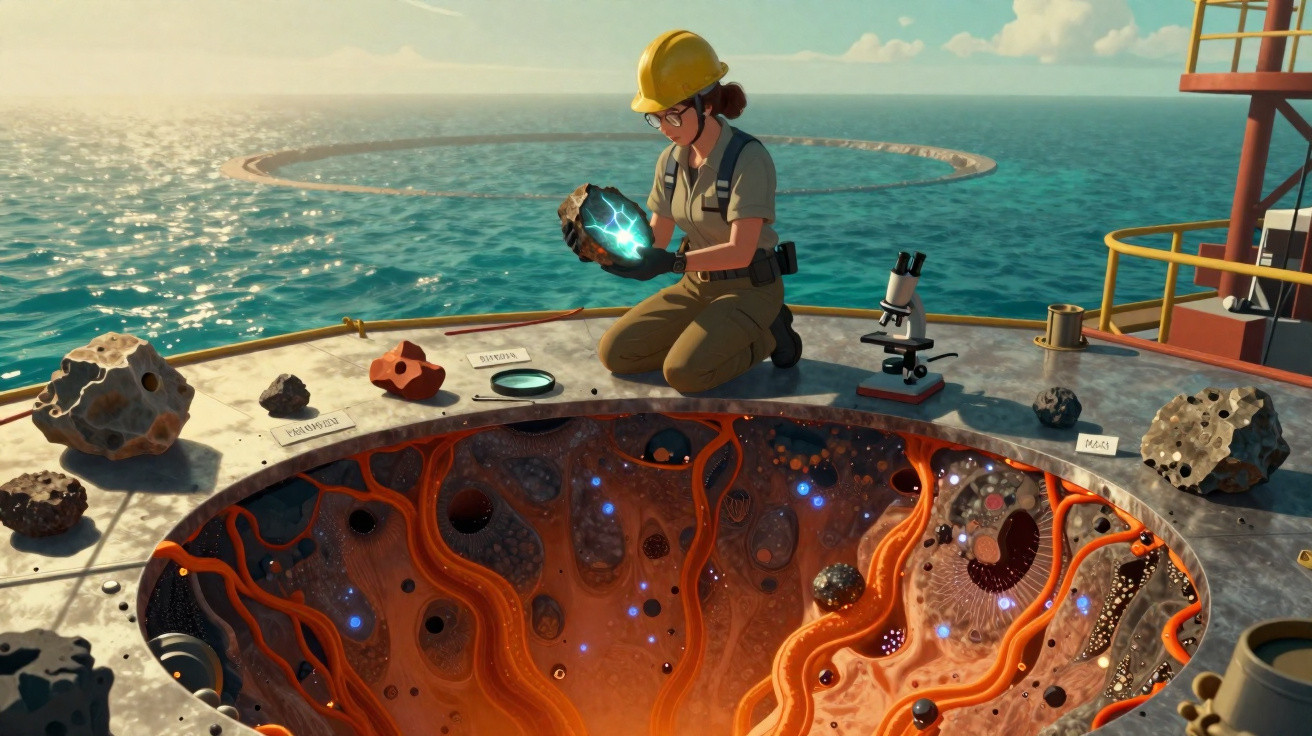 Cientista com capacete examina pedra brilhante em plataforma perto do mar com buraco gigante e microscópio.