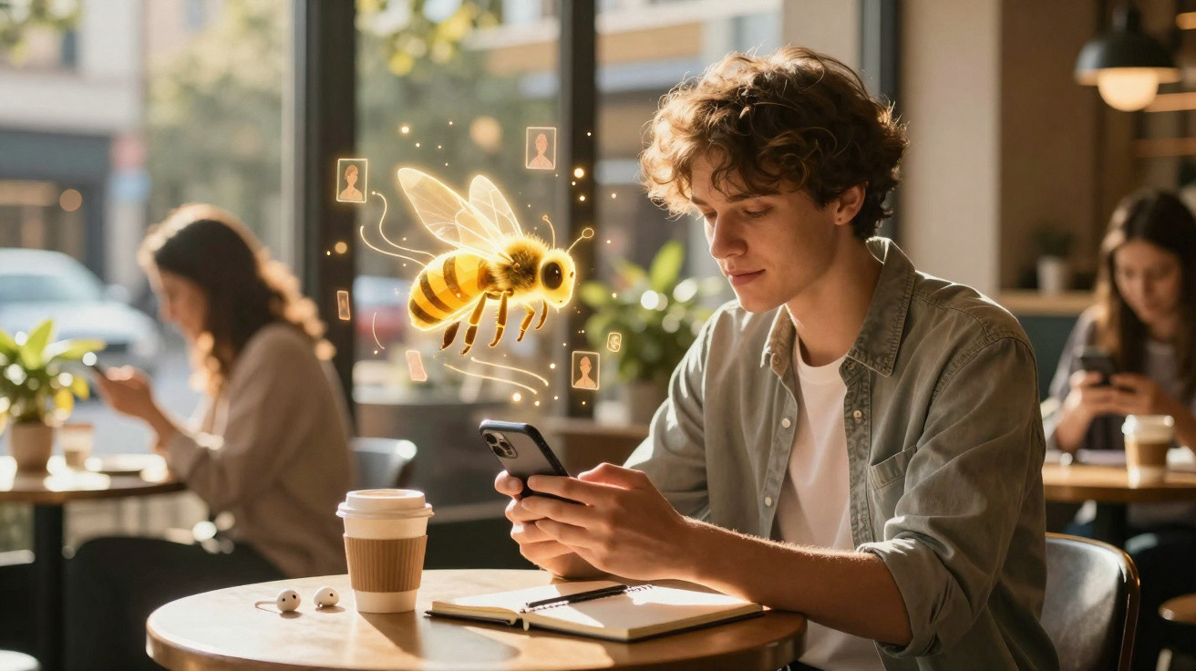 Jovem em cafeteria usando celular com ilustração digital de abelha voando ao lado.