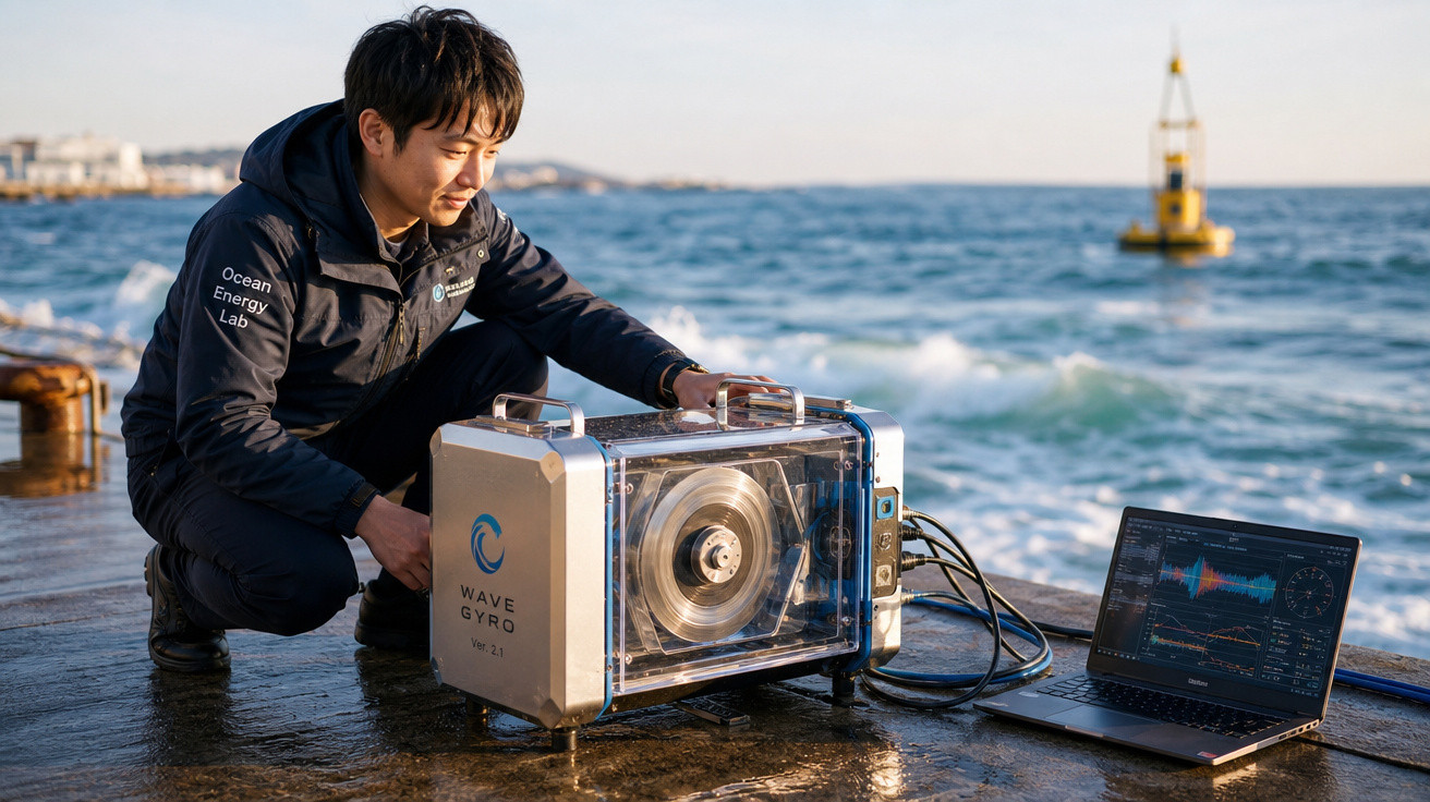 Homem ajusta equipamento WaveGyro na beira do mar com laptop exibindo gráficos ao lado.