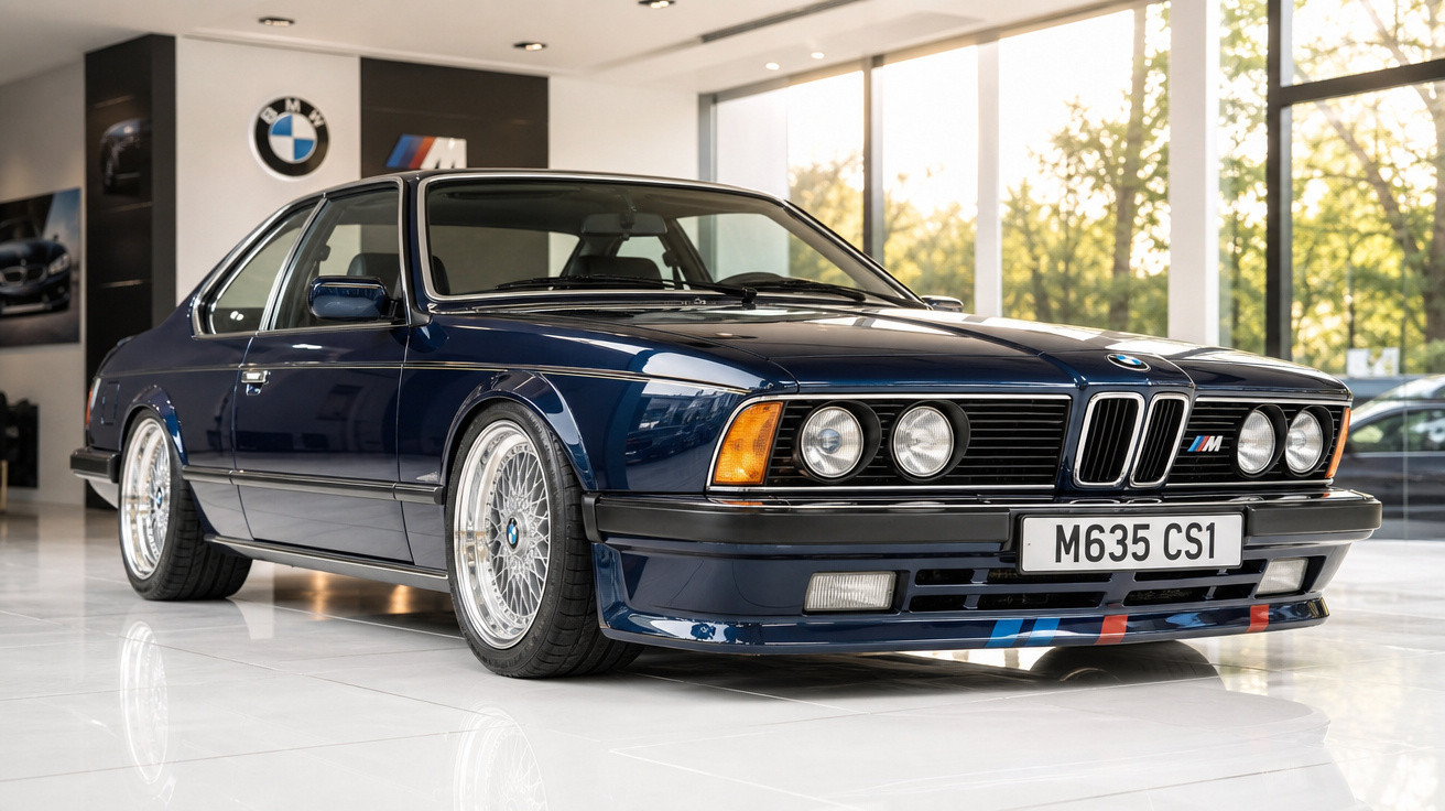 Carro esportivo BMW M635CSi azul escuro exibido em showroom com piso branco e grandes janelas.