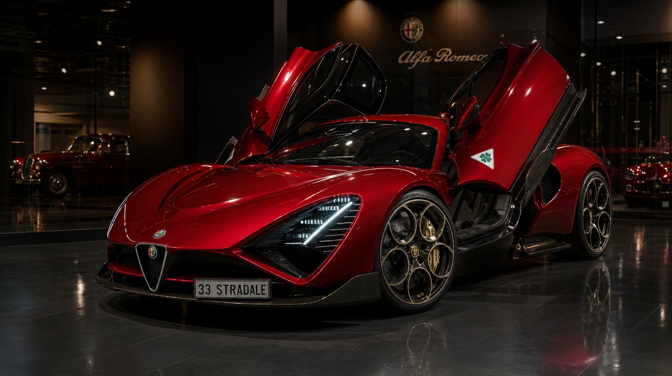 Carro esportivo vermelho Alfa Romeo 33 Stradale com portas abertas exibido em ambiente interno escuro.