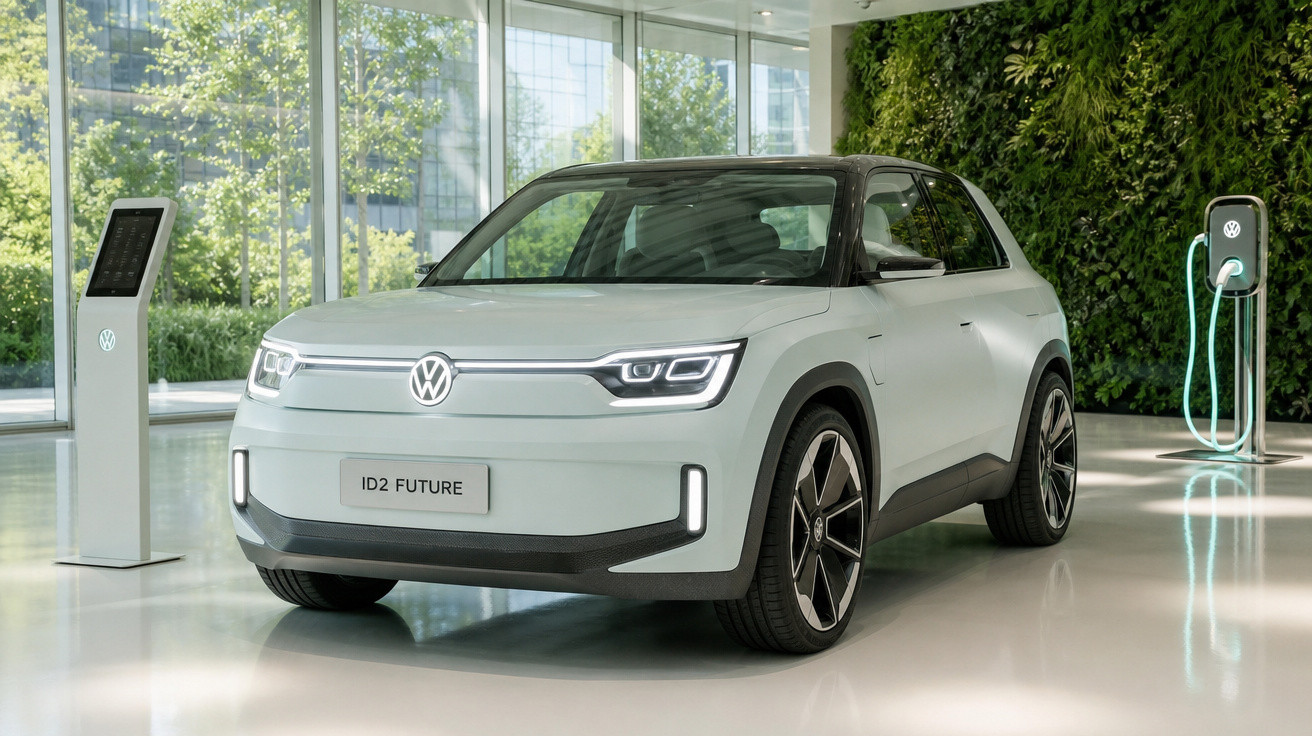 Carro elétrico Volkswagen ID2 Future branco em ambiente moderno com carregador e parede verde ao fundo.