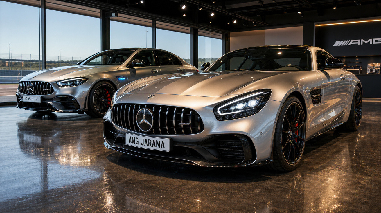 Dois carros esportivos Mercedes-Benz prata estacionados em showroom moderno com piso refletivo.