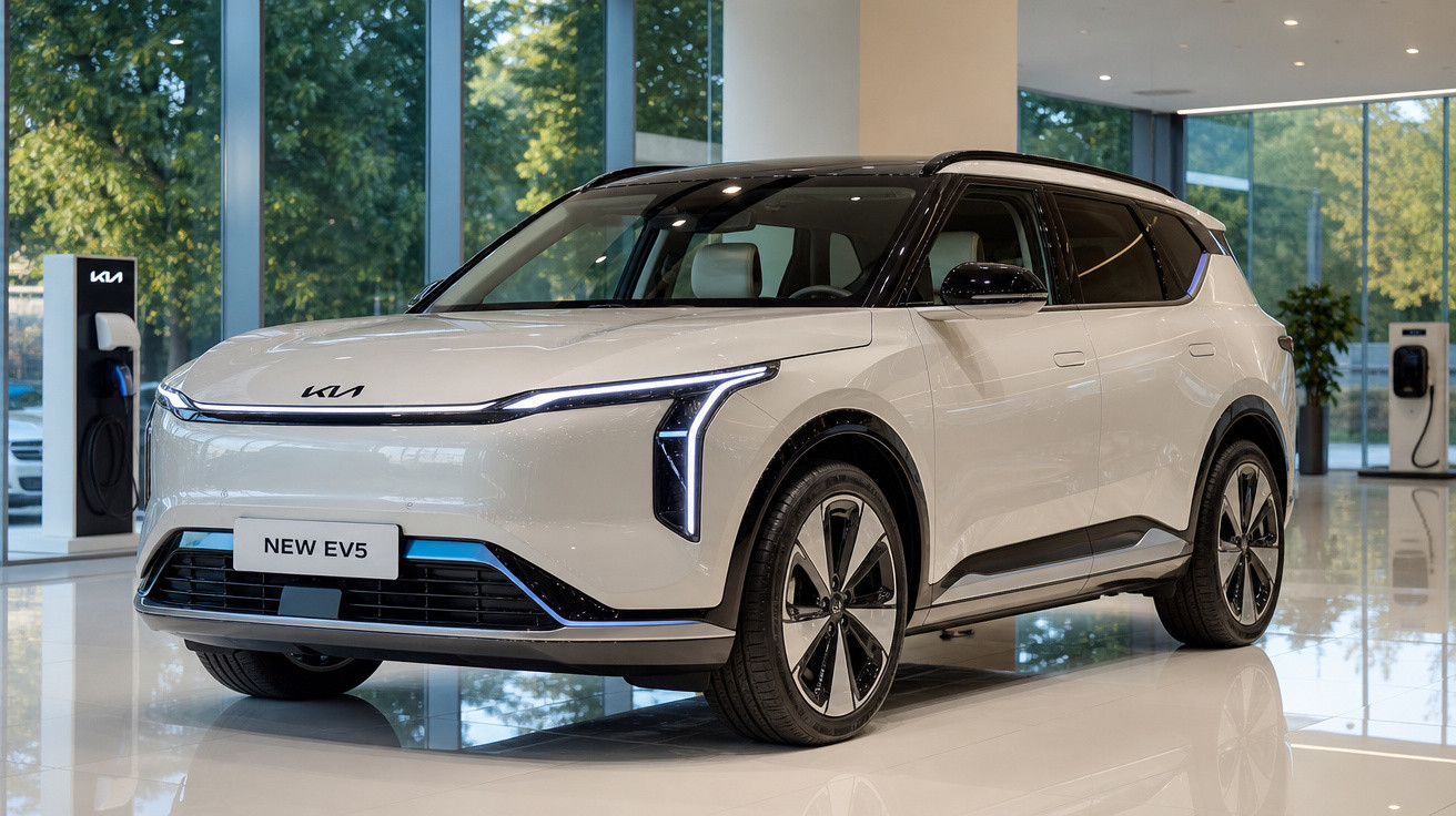 SUV elétrico branco Kia New EV5 exibido em showroom com carregadores ao fundo.
