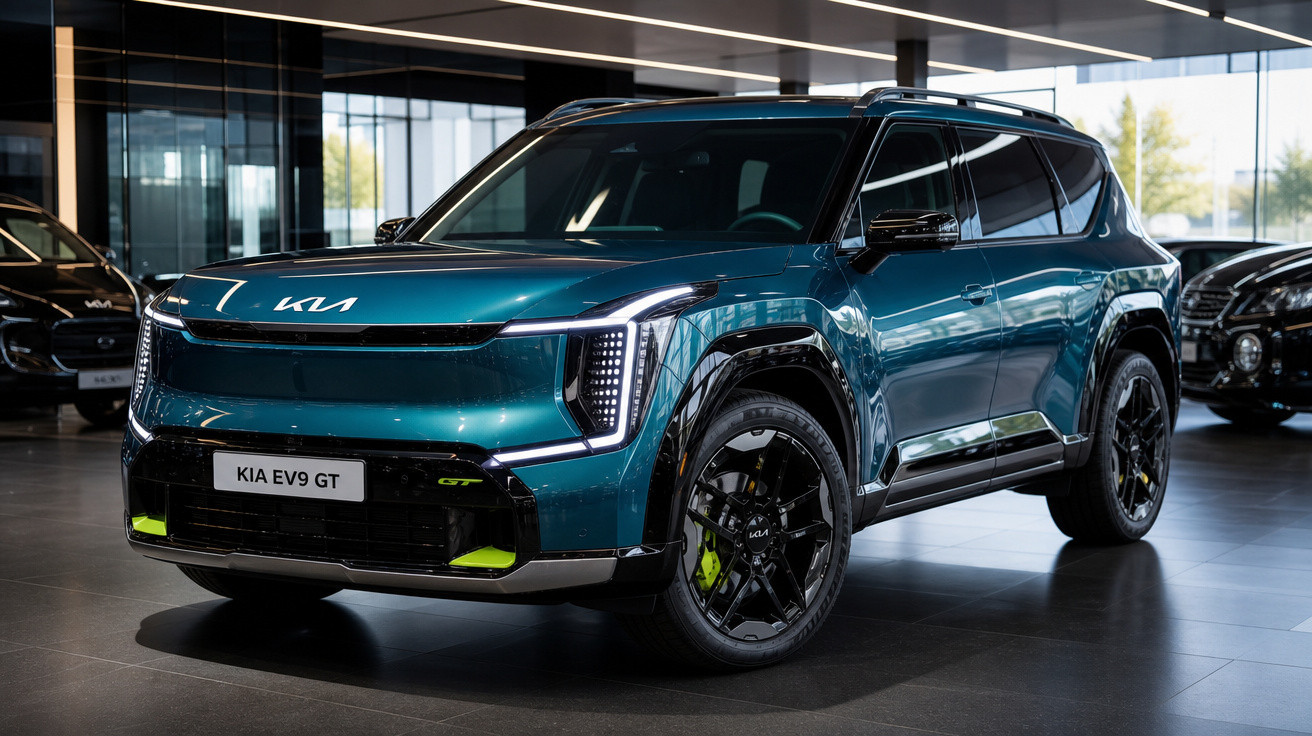 SUV elétrico azul Kia EV9 GT exibido em showroom moderno, com detalhes em preto e verde.