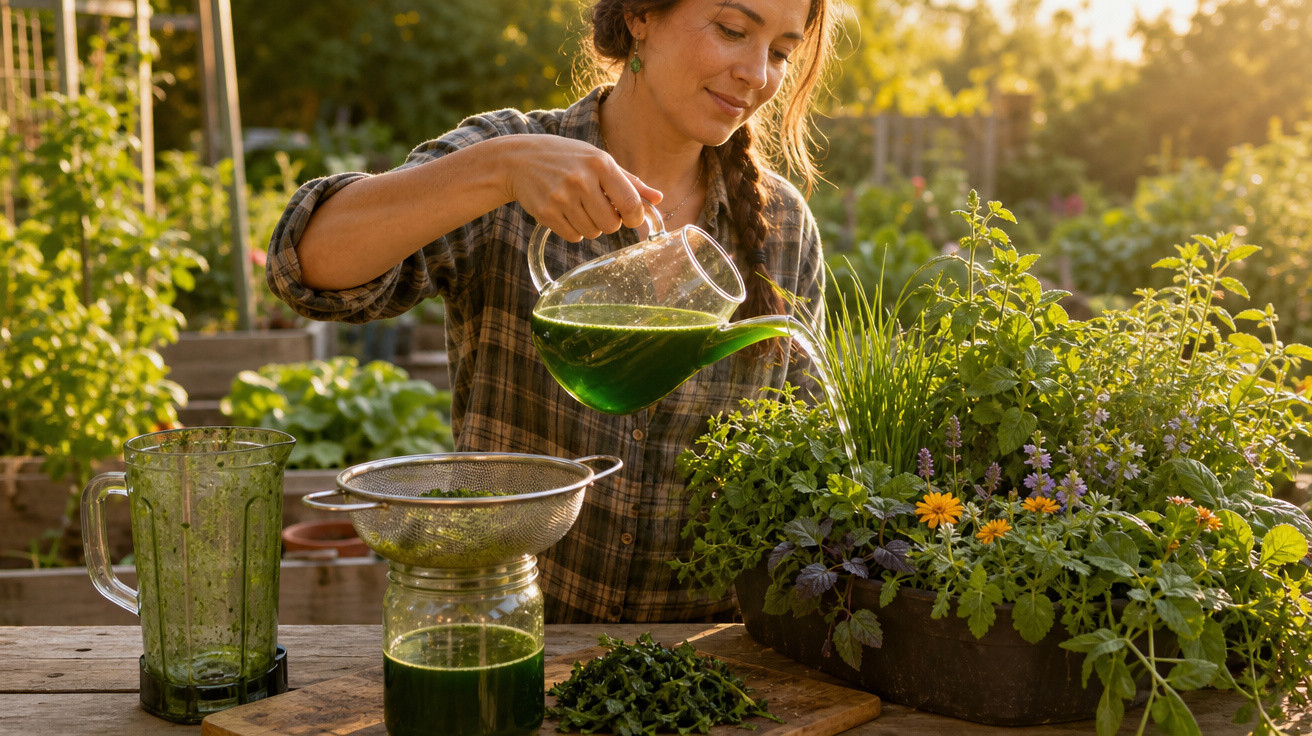 Mulher regando plantas com jarro verde em jardim ensolarado, com liquidificador e coador na mesa.