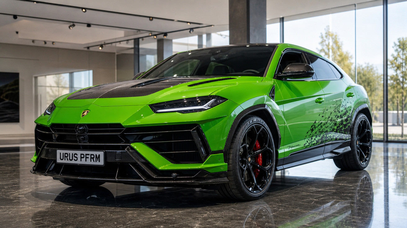 Carro SUV esportivo Lamborghini Urus PFRM verde com detalhes em preto em exposição interna.