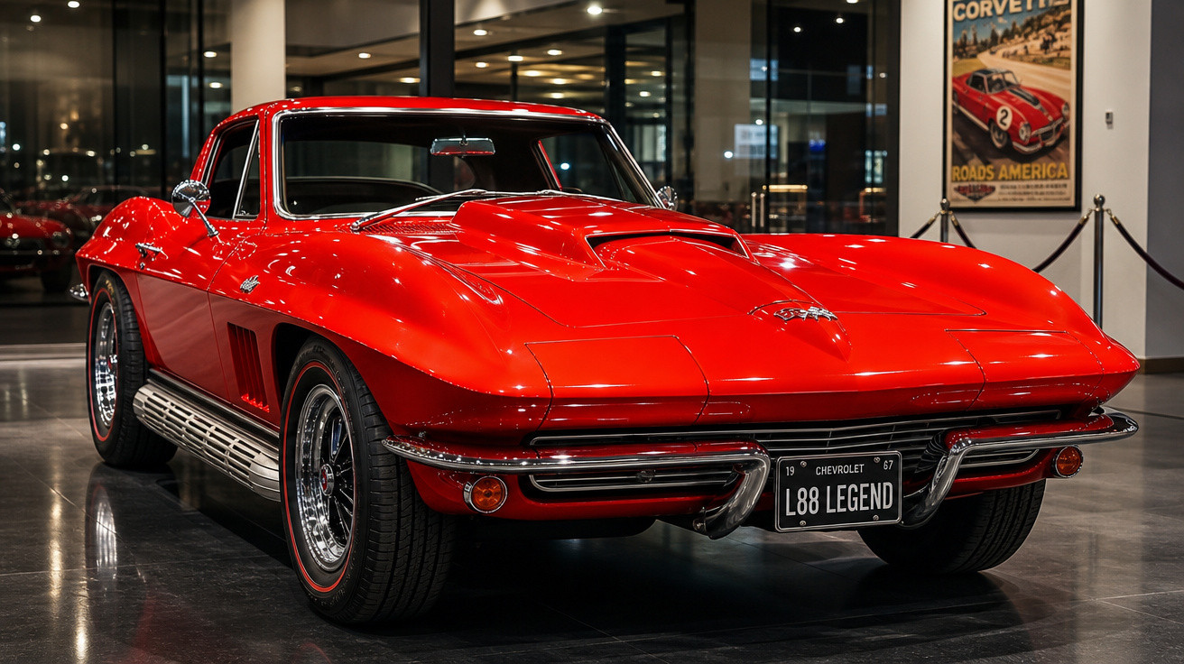 Carro esportivo Chevrolet Corvette vermelho clássico em exposição interna com placa L88 LEGEND.