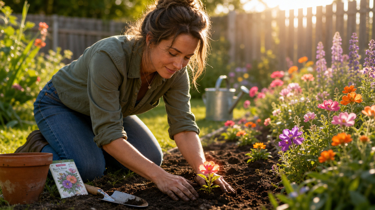 Mulher plantando flor em jardim ensolarado com regador e ferramentas ao redor.