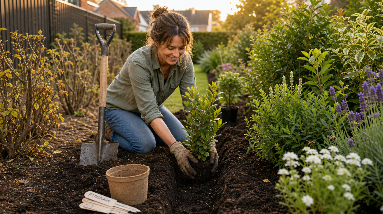 Mulher feliz plantando arbusto em jardim ao pôr do sol com pá e plantas ao redor.
