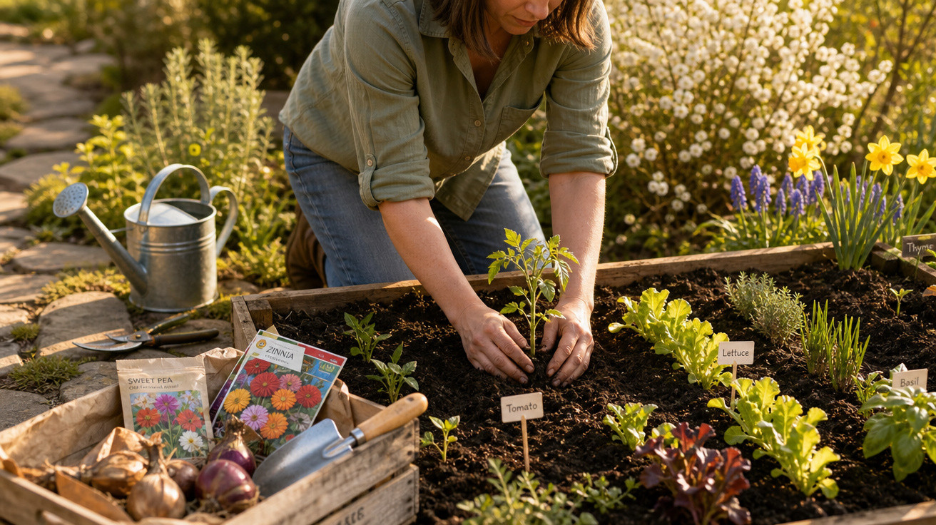 Mulher plantando muda de tomate em canteiro de jardim com ferramentas e sementes ao redor.
