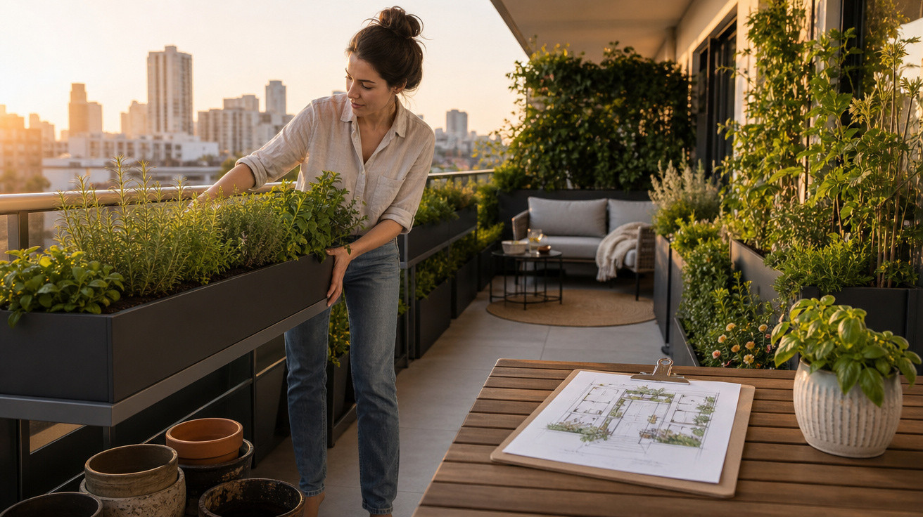 Mulher cuidando de plantas em uma varanda com jardim, vista da cidade ao fundo ao pôr do sol.