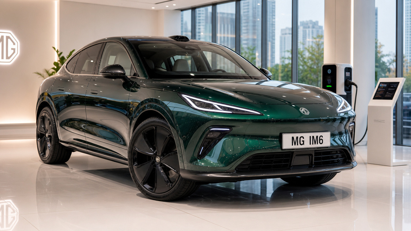 Carro elétrico verde MG IM6 exibido em showroom moderno com piso branco e janelas amplas.