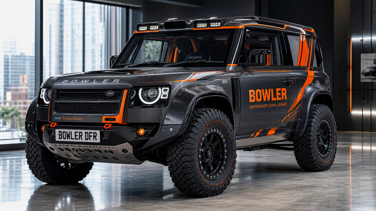 SUV off-road Bowler Defender Challenge cinza e laranja exposto em ambiente interno moderno.