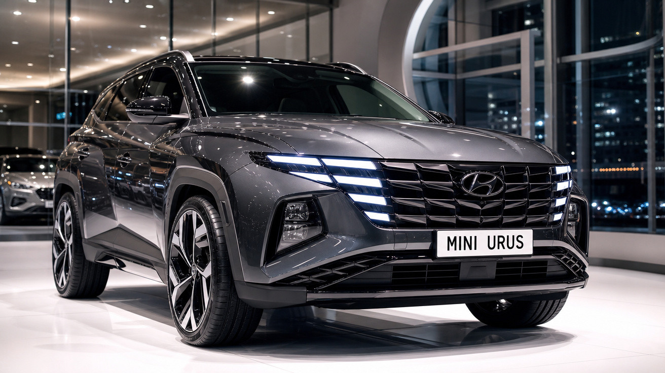 SUV Hyundai cinza escuro exibido em showroom moderno à noite com faróis acesos e placa personalizada "MINI URUS".