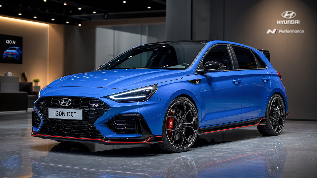 Hyundai i30 N azul esportivo em exposição interna com detalhes em preto e vermelho.
