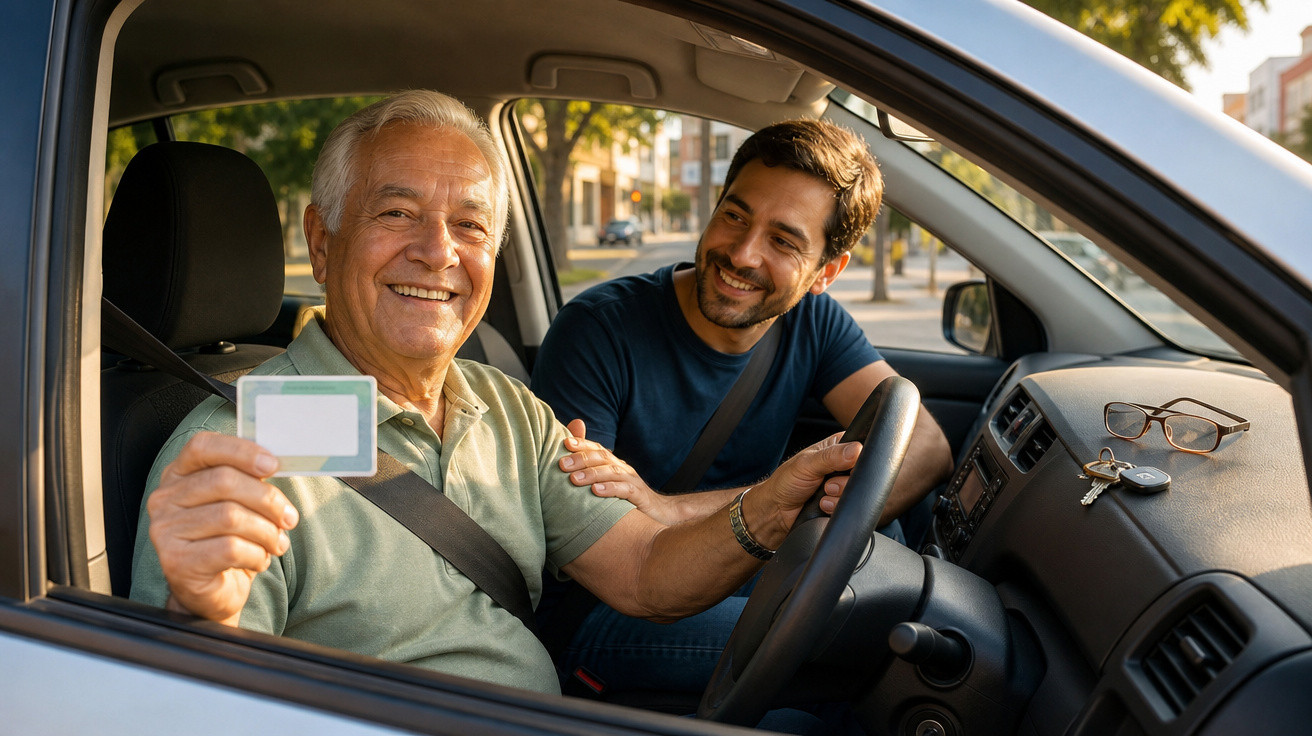 Homem idoso sorridente segurando carteira de motorista com jovem ao volante dentro de carro estacionado.