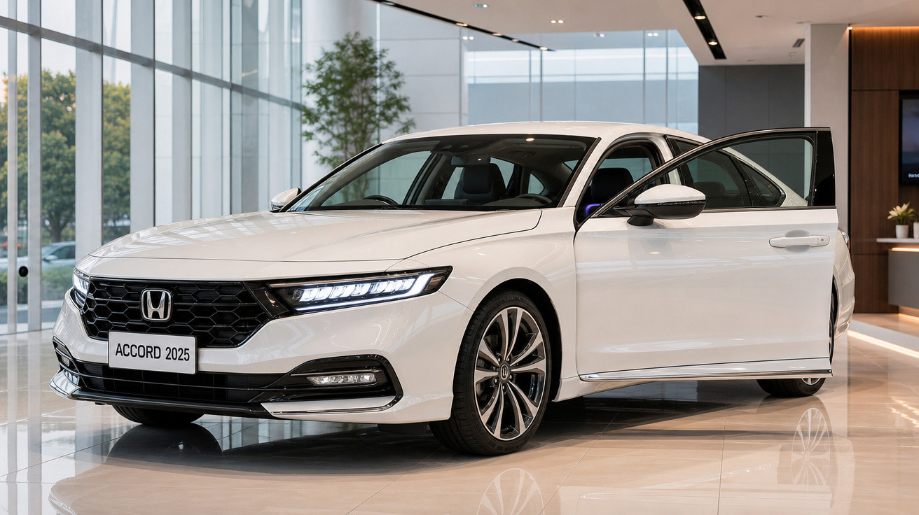 Carro branco Honda Accord 2025 com porta traseira aberta em showroom moderno e iluminado.