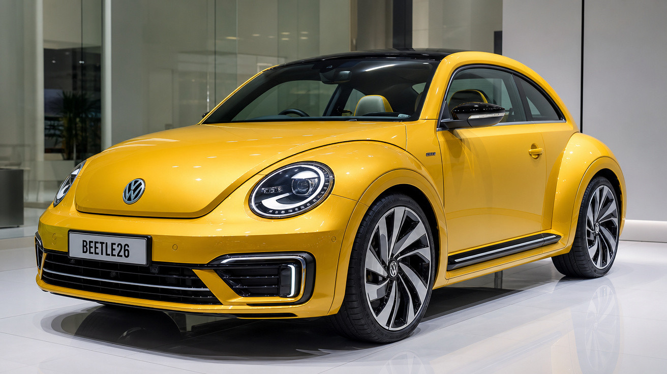 Carro Volkswagen Beetle amarelo em exposição, destaque para faróis redondos e rodas esportivas.