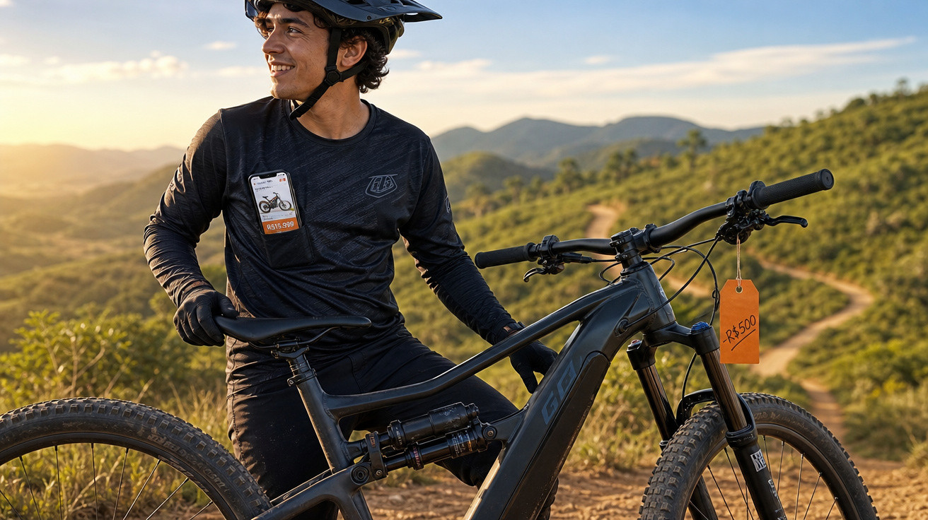 Homem com capacete segura bicicleta preta à venda por R$500 em trilha de vegetação e morros ao entardecer.