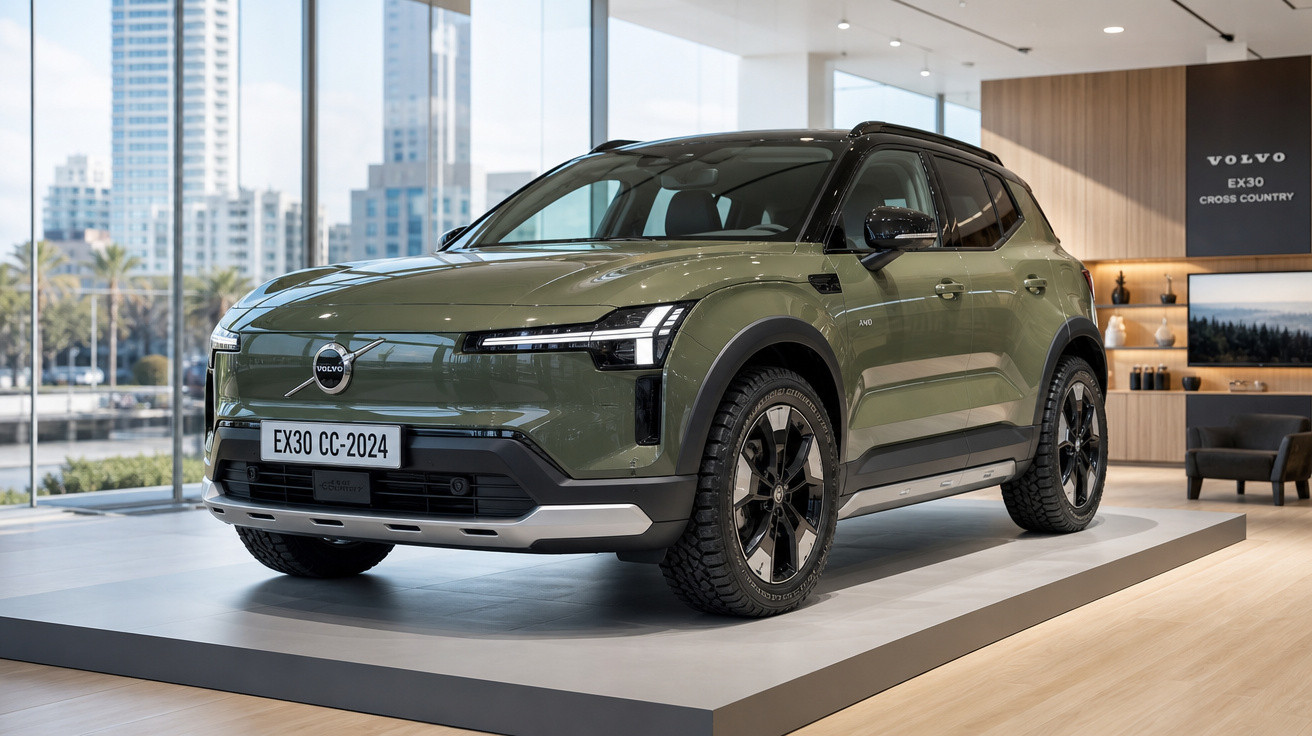 SUV Volvo EX30 Cross Country verde exposto em showroom moderno com grandes janelas e vista urbana.