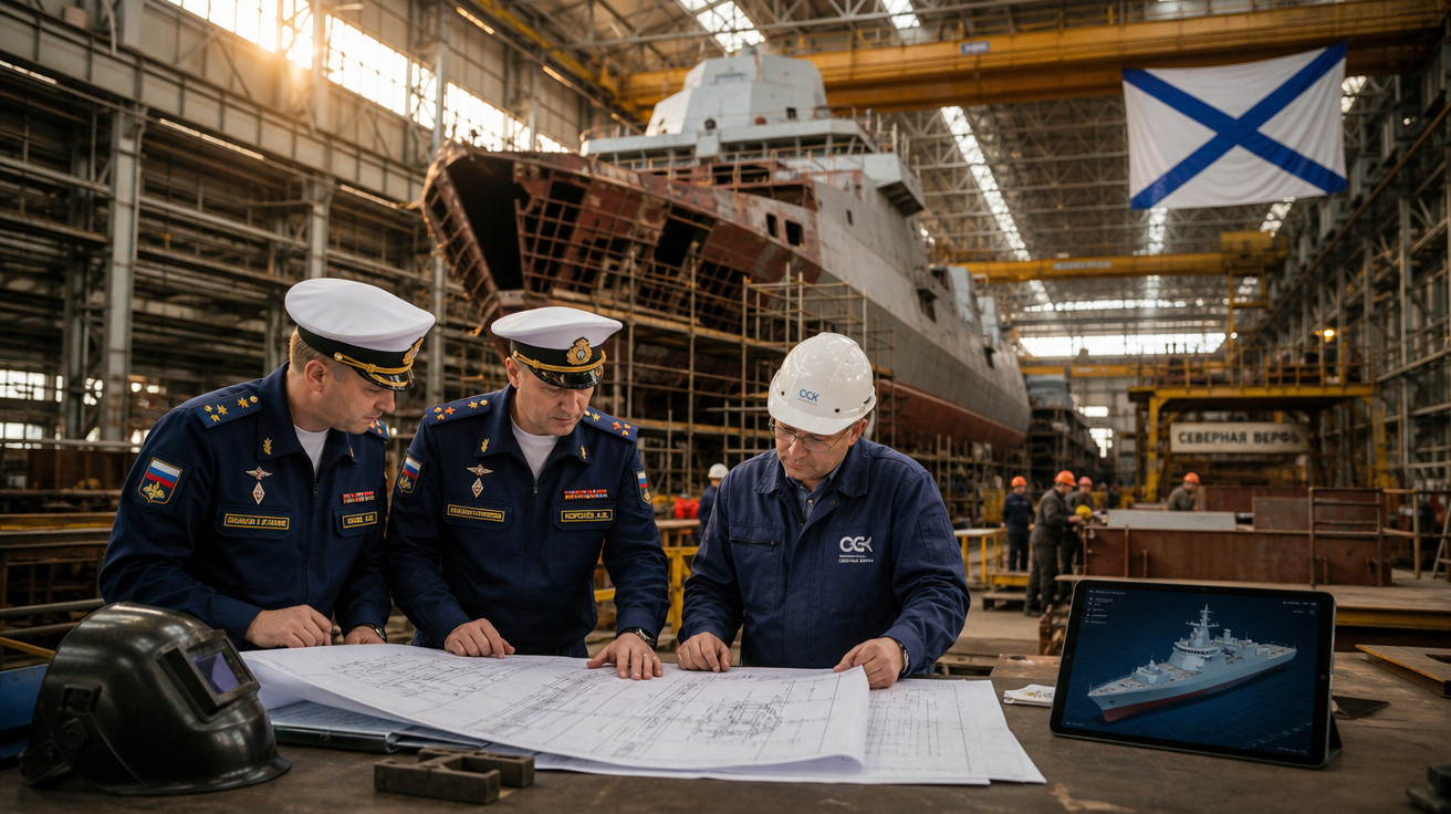 Três homens analisam plantas de navio em estaleiro com grande embarcação e tela mostrando modelo digital ao fundo.
