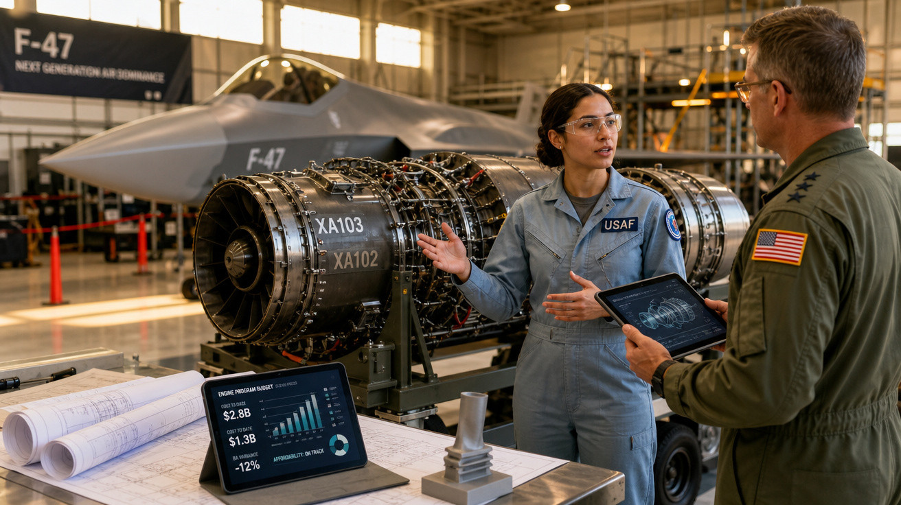 Engenheira da Força Aérea explicando motor de jato a oficial em hangar com caça F-47 ao fundo.