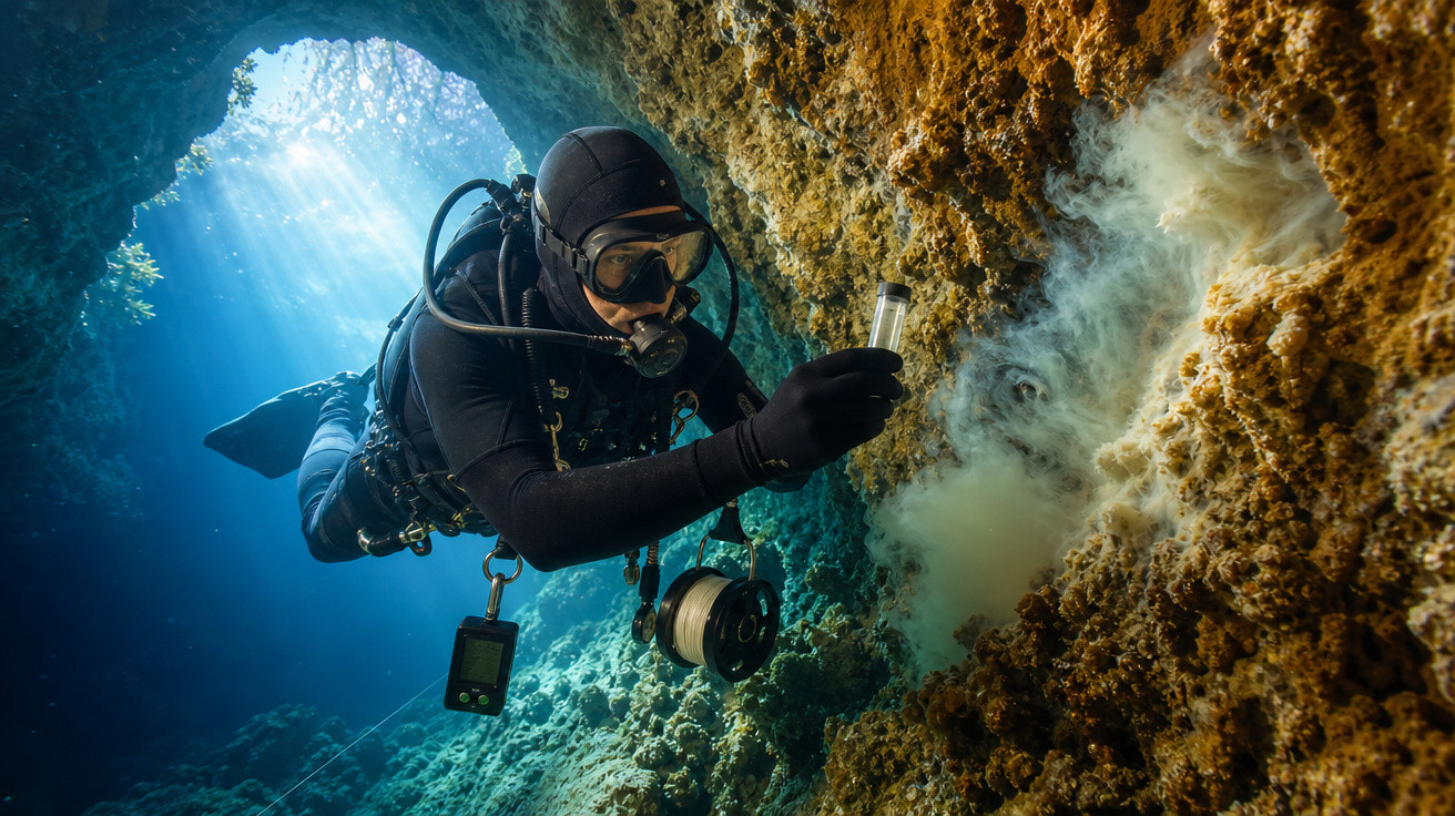 Mergulhador coleta amostra em parede de caverna subaquática com luz entrando pela abertura acima.