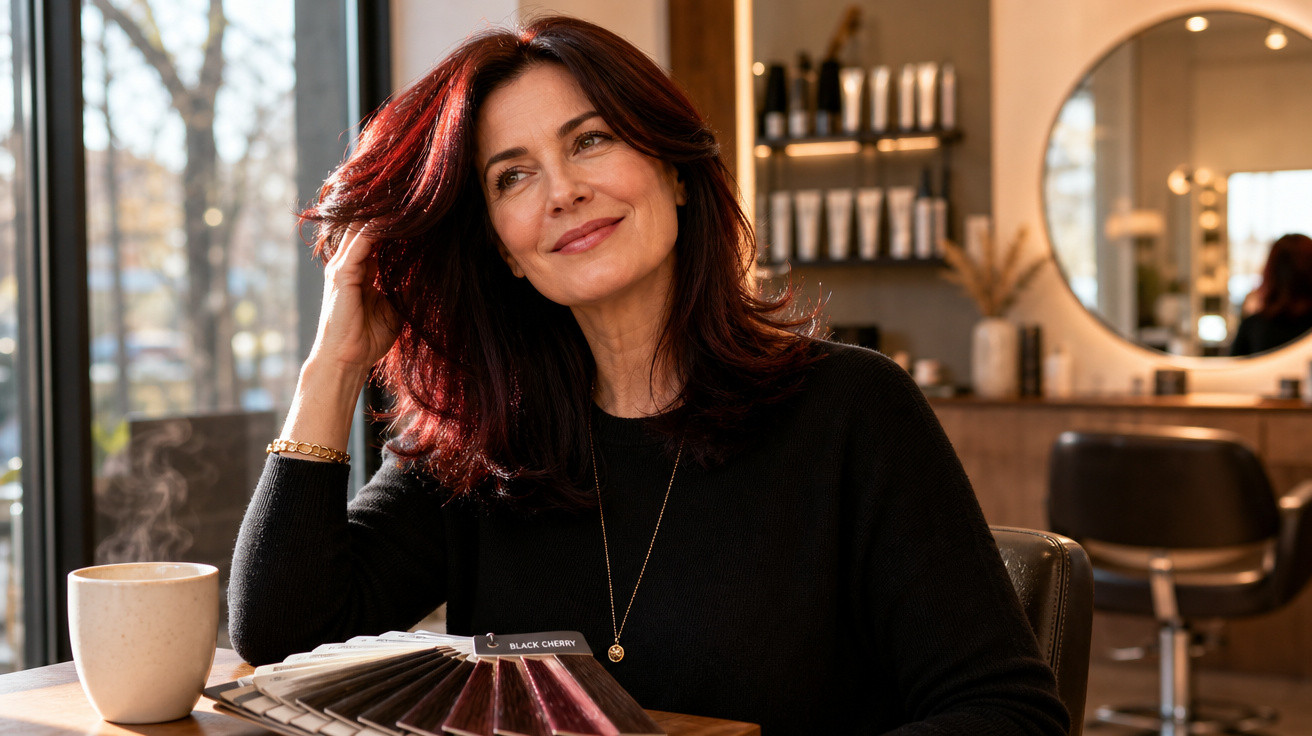 Mulher sorridente com cabelo ruivo em salão de beleza, analisando amostras de coloração de cabelo.