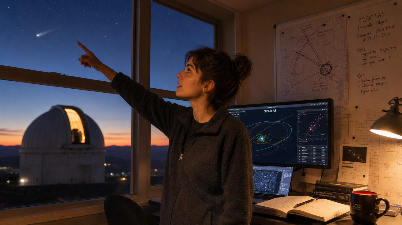 Mulher em escritório observando cometa pelo janela com observatório astronômico ao fundo ao entardecer.