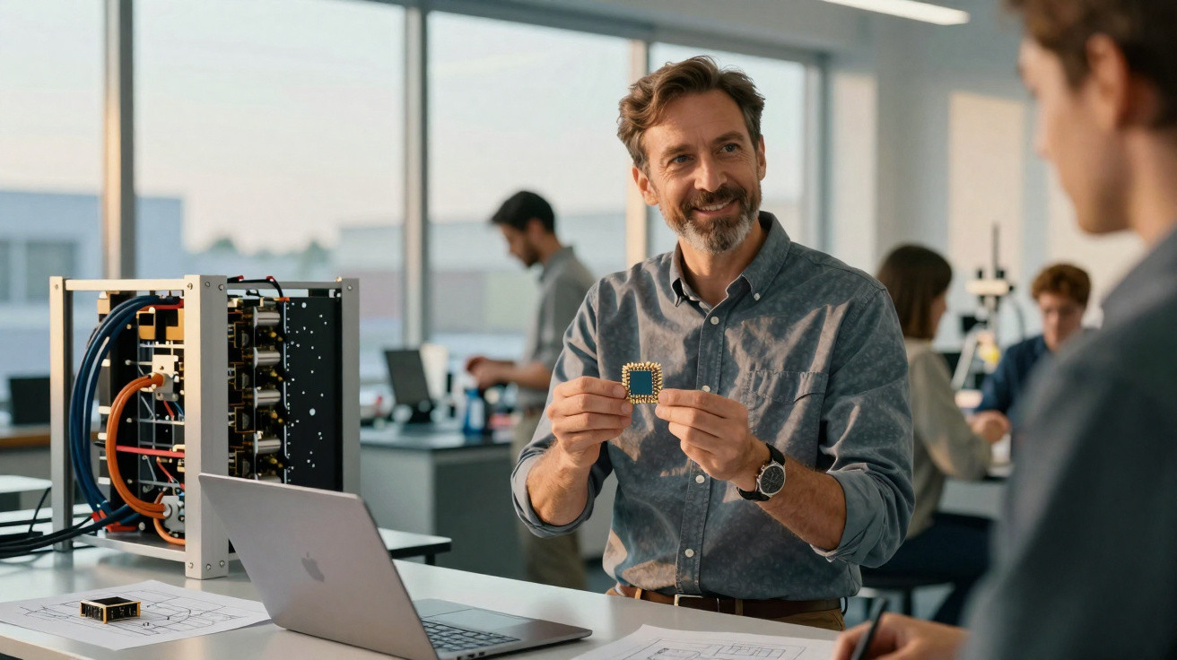 Homem segurando um microchip em laboratório tecnológico com computadores e equipamentos ao fundo.
