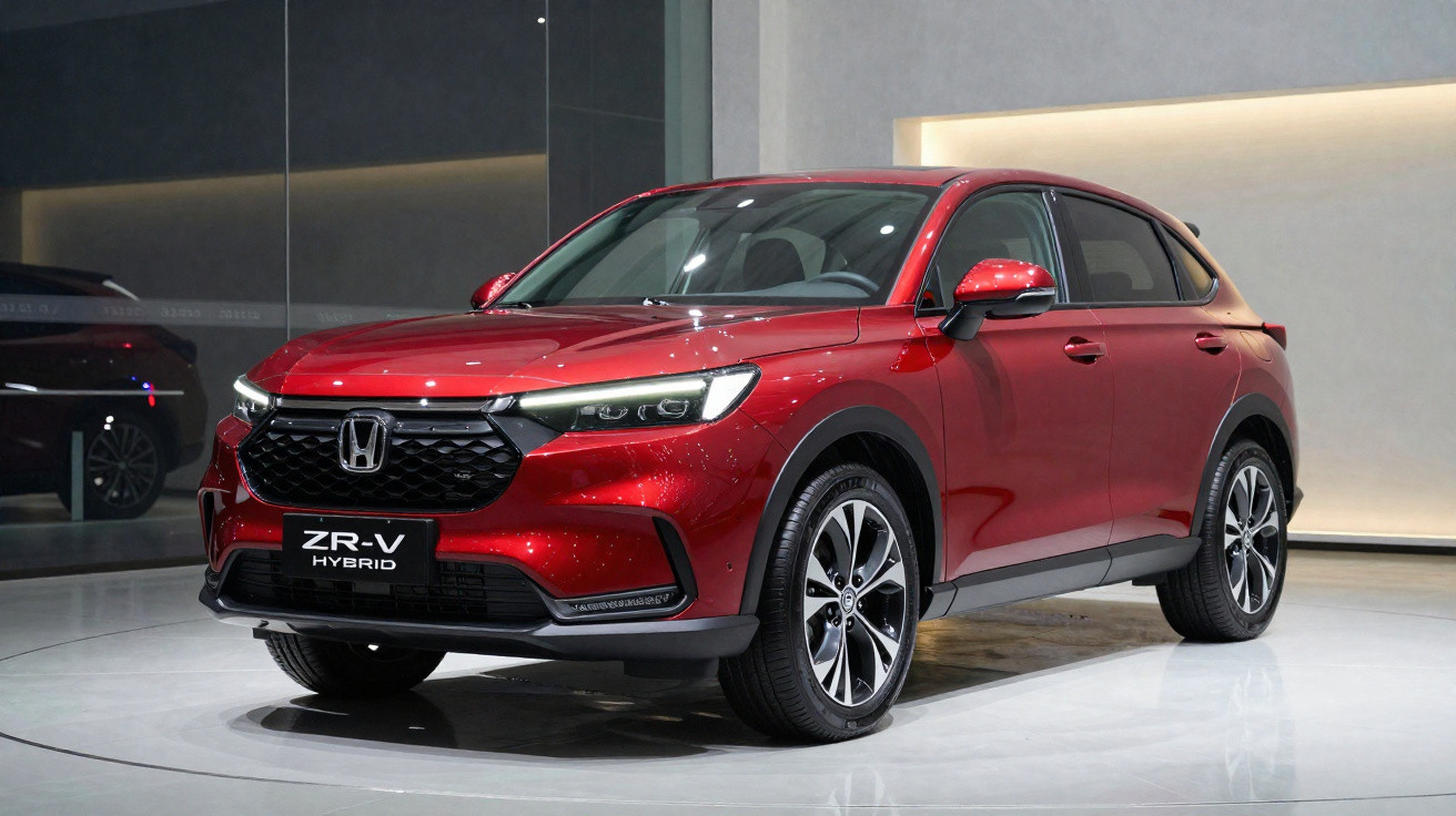 Carro SUV vermelho Honda ZR-V Hybrid em exposição em ambiente interno moderno e iluminado.