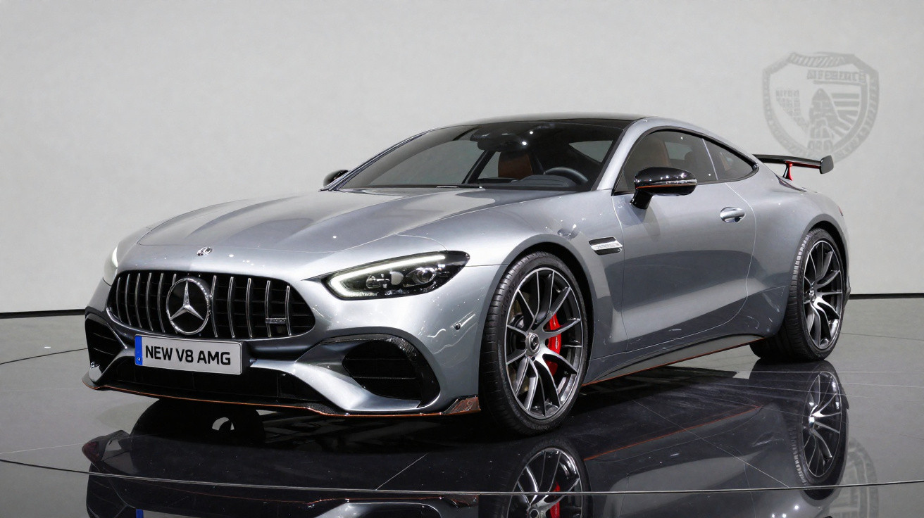 Mercedes-Benz prata modelo AMG V8 em estúdio com destaque para rodas e design aerodinâmico.