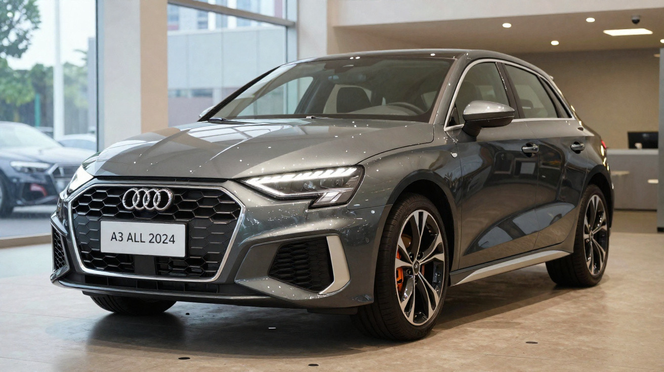 Carro Audi A3 All 2024 cinza em exposição interna, visto de frente e lado direito.