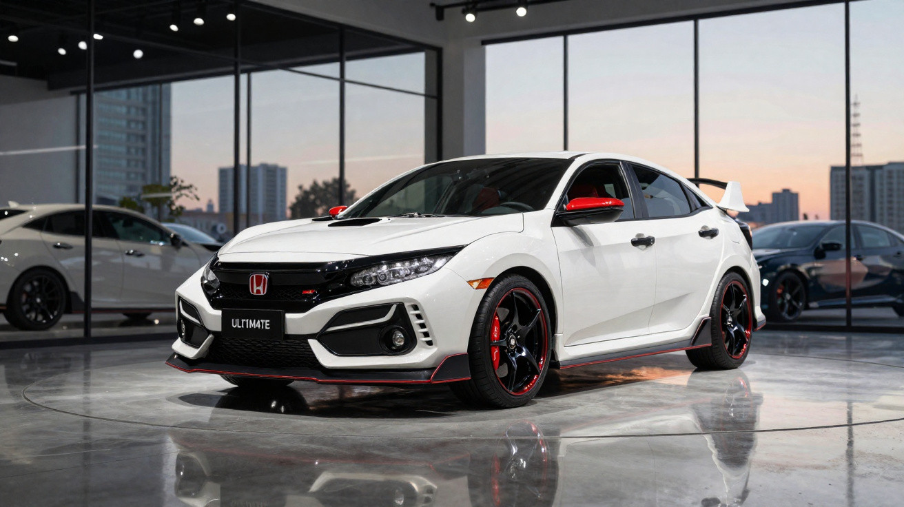 Carro branco esportivo Honda Civic com detalhes vermelhos em exposição em showroom moderno.