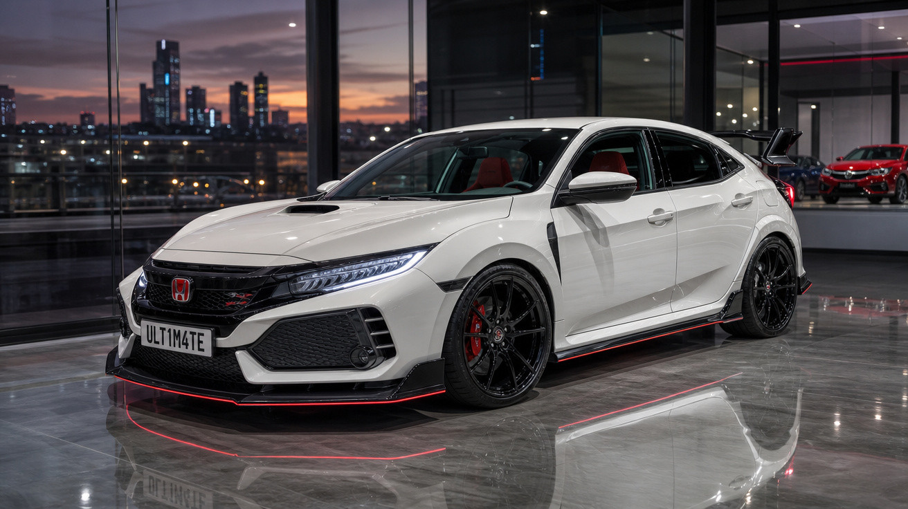 Carro esportivo branco Honda Civic Type R iluminado, exibido em showroom moderno ao entardecer.