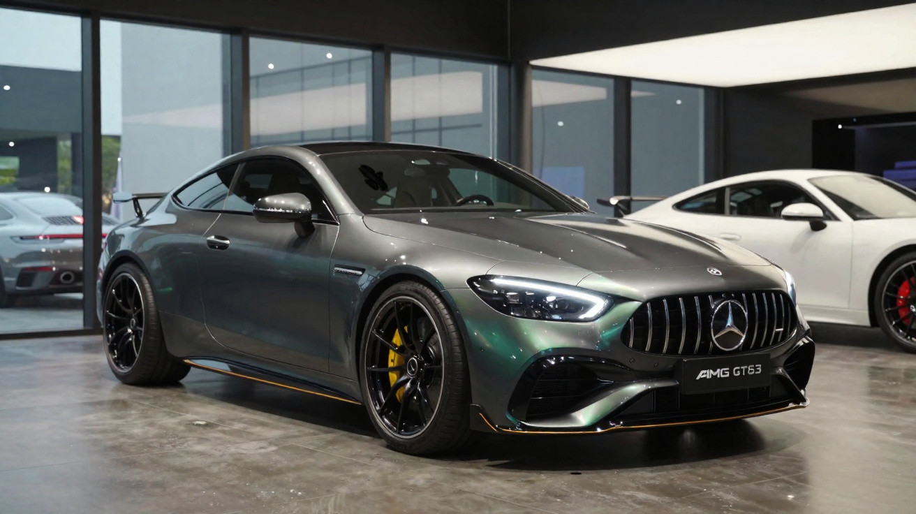 Carro esportivo Mercedes AMG GT63 cinza escuro estacionado em showroom moderno.