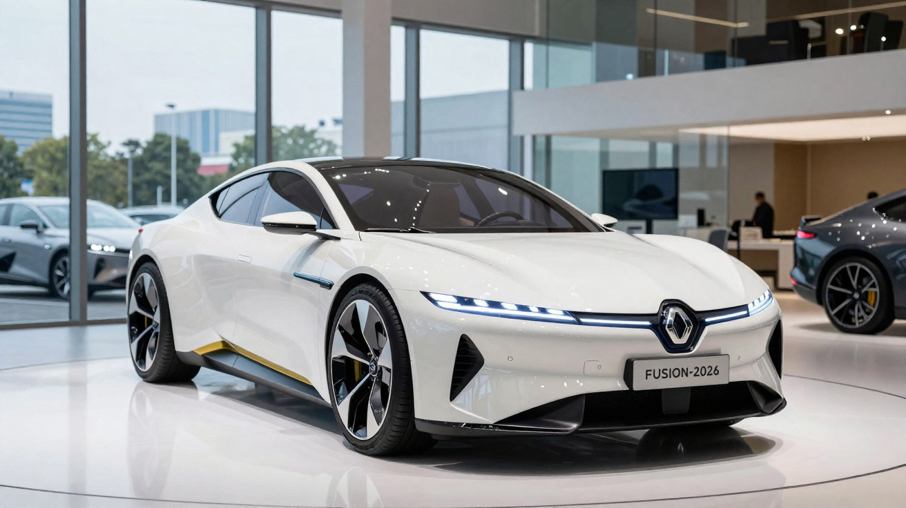 Carro esportivo elétrico branco Renault Fusion-2026 exposto em showroom moderno e iluminado.