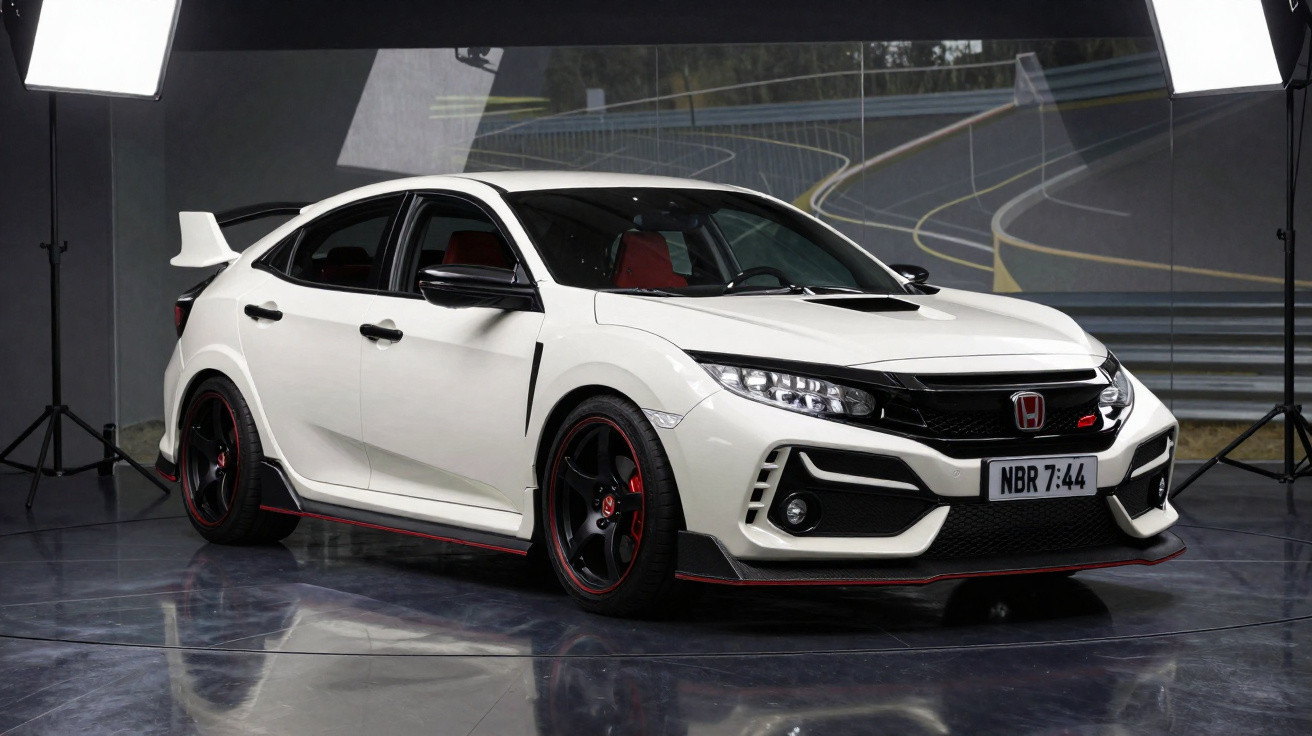 Carro esportivo branco Honda Civic Type R em estúdio com iluminação profissional e fundo de pista de corrida.