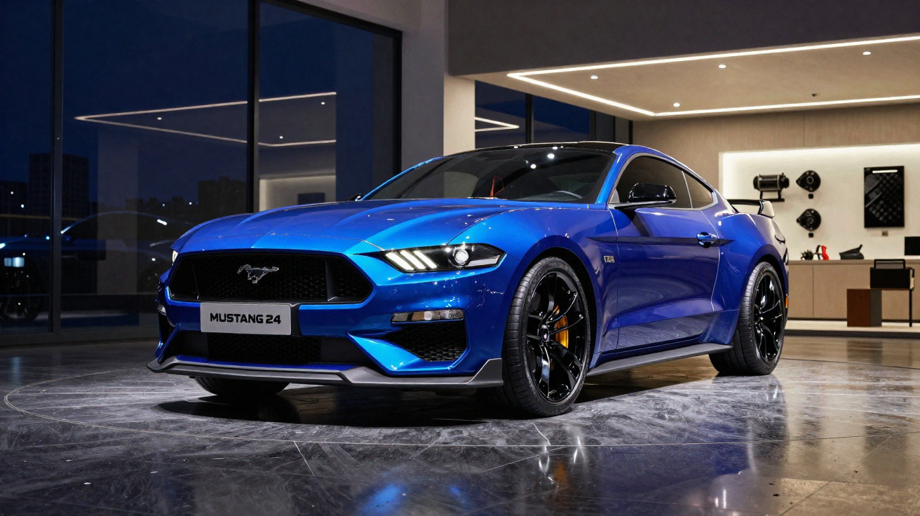 Carro esporte Ford Mustang azul exibido em showroom moderno com piso espelhado e iluminação interna.